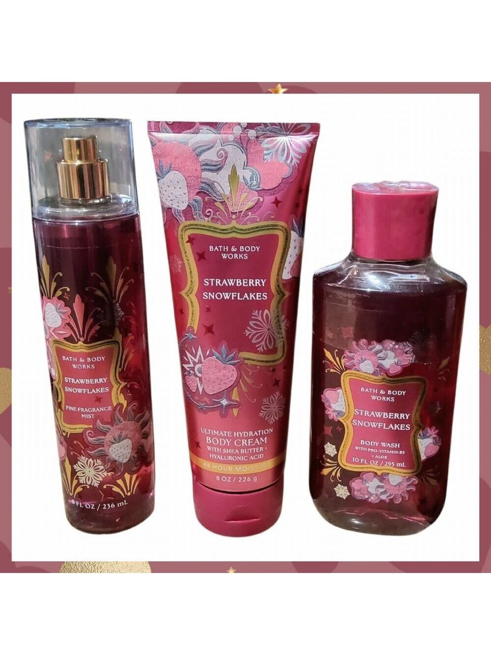 NEW! STRAWBERRY SNOWFLAKES 3 PC SET BODY WASH, CREAM, & FRAGRANCE BATH & BODY